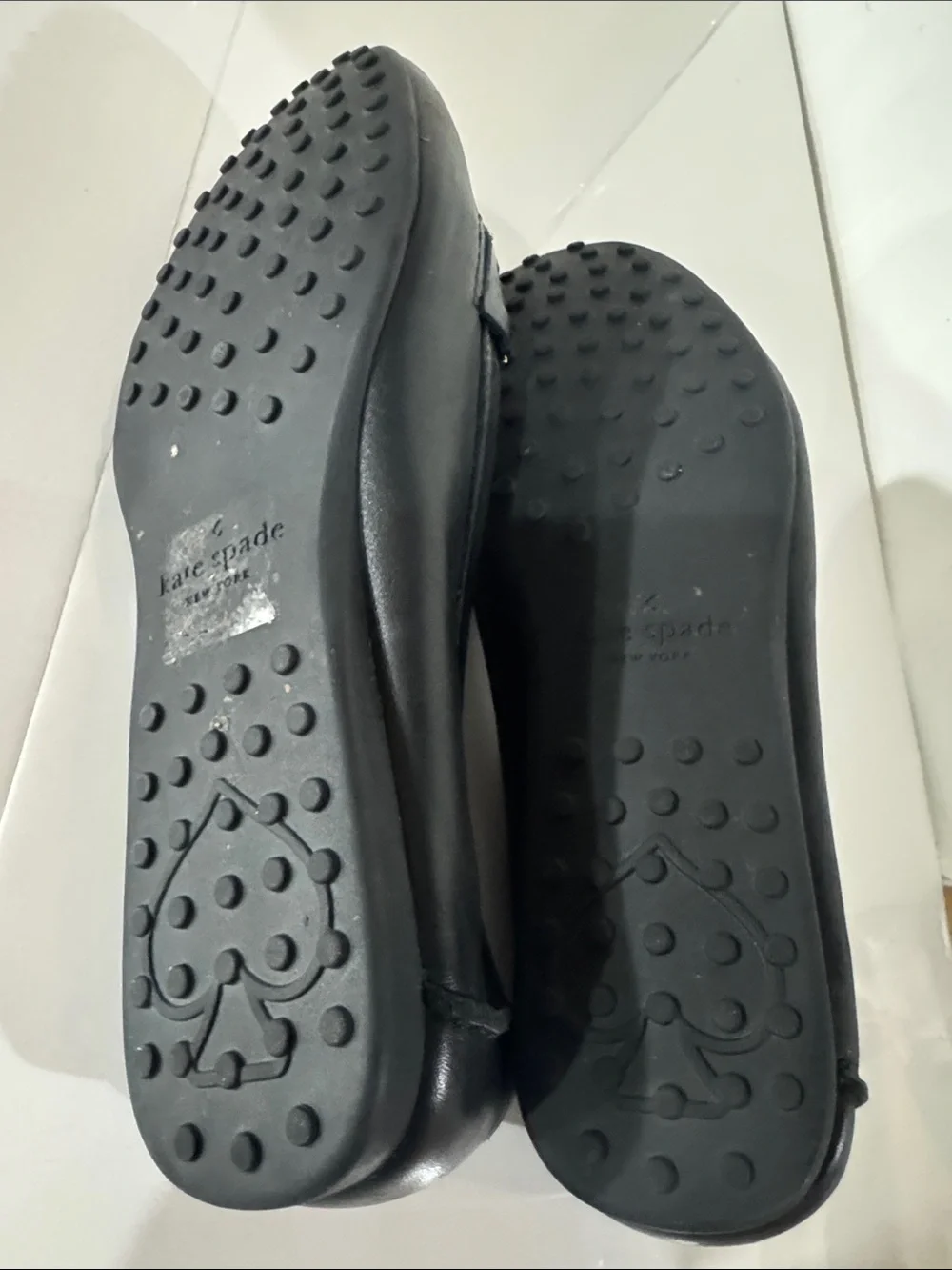 kate spade Black Leather Loafers with Gold Buckle Accents